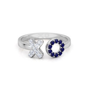 Joyería de oro vermeil BLANCO de 14 quilates, anillo redondo con letra X, anillo de piedra azul con piedra blanca, anillo de plata esterlina hecho a mano,