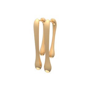 Può includere: Design di orecchini astratti color oro. Gli orecchini presentano una serie di elementi allungati a forma di goccia collegati nella parte superiore. Il design ha una superficie liscia e riflettente, con un'estetica moderna e minimalista.