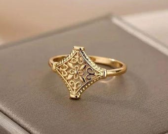 10K vermeil Gold Handmade  Victorian Gold Ring For Women  Filigree Long Ring  Unique Ring  Dainty Ring  Floral Ring  Vintage Ring  Lace Ring