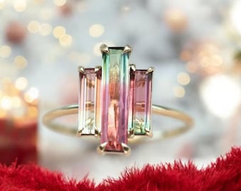 Watermelon tourmaline ring, Baguette engagement ring, Pink green three stone ring, Rose vermeil gold ring, Bridal Ring,Anniversary