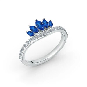 Joyería de oro de 14k y 18k sobre plata 925, anillo de forma marquesa, anillo de DIAMANTE azul y blanco, hecho a mano en plata esterlina