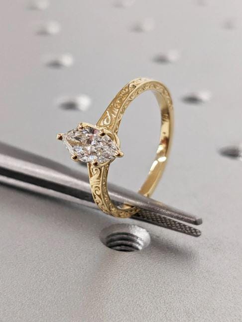 Marquise Cut Moissanite Ring Vintage Moissanite Engagement Ring vermeil Gold Unique Classic Solitaire Engagement Ring Filigree Hand Carved