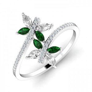 Joyería de oro vermeil BLANCO de 14 quilates, forma marquesa, anillo de piedra verde con piedra blanca, anillo de plata de ley hecho a mano,