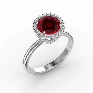 Anillo de compromiso con rubí brillante redondo y diamante en oro de 14 quilates y 18 quilates sobre plata 925. Anillo de plata esterlina hecho a mano. Anillo apilable para mujer.