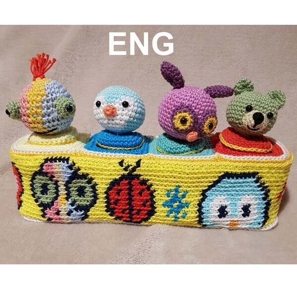 Crochet amigurumi skill developer toy for children with amigurumi animal heads with tapestry crocheted case - yellow