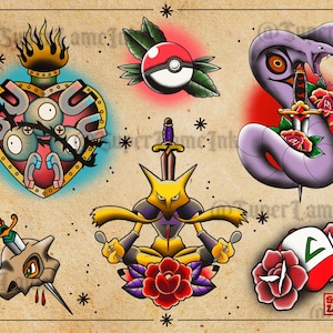 Pokémon tradycyjny tatuaż Flash Digital Wall Art Print (Arbok, Alakazam, Cubone)