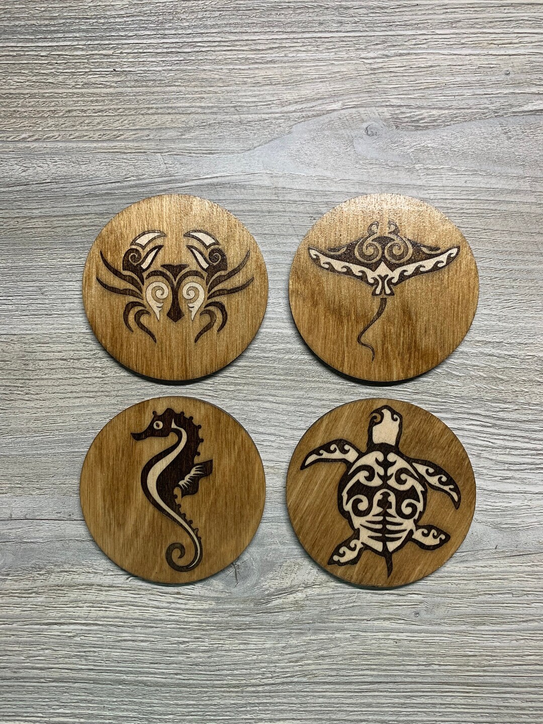 Sea Creatures Wooden Inlay Coaster Set. Crab, Sea Horse, Sea Turtle ...
