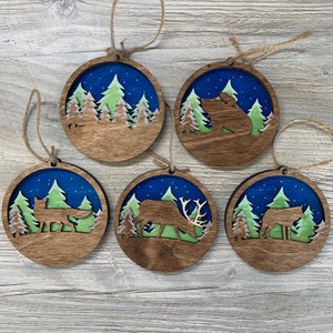 Wooden hand painted and stained Christmas ornaments, 3 layers. Set of 5.