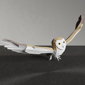 Modelo de papercraft de coruja voadora, modelo abstrato de modelo de papel de coruja de baixo poli em formatos SVG, DXF, PDF, faça sua própria coruja e decore um ambiente