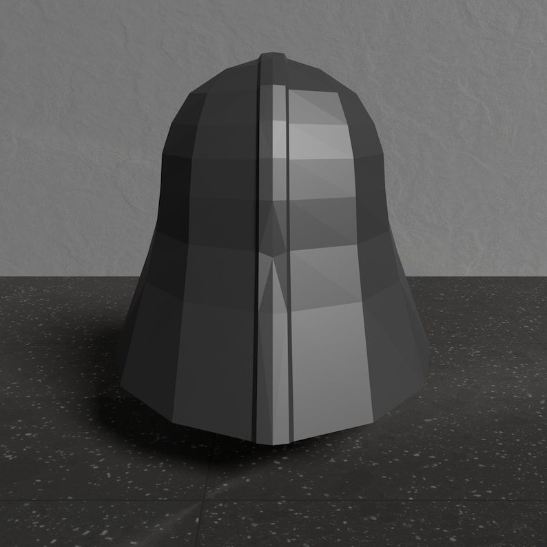 May include: A black, geometrically shaped helmet with a pointed top and a smooth, shiny surface.