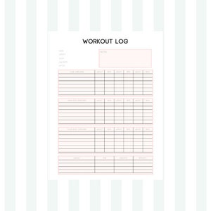 Puede incluir: Un registro de entrenamiento imprimible con secciones para ejercicios de core, ejercicios de la parte superior del cuerpo, ejercicios de la parte inferior del cuerpo y cardio. El registro incluye columnas para la fecha, el peso, las repeticiones y las notas.