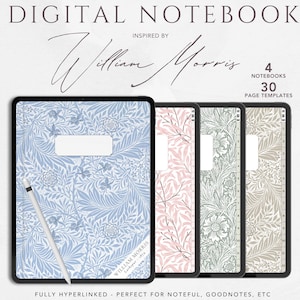 Pode incluir: Caderno digital inspirado em William Morris, com quatro cadernos e 30 modelos de página. Os cadernos exibem desenhos florais em tons de azul, rosa e verde. Uma caneta stylus repousa sobre o caderno azul. O texto diz "DIGITAL NOTEBOOK".