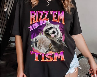 Raccoon Retro Bootleg T-shirt 90s Style Rizz Em With The Tism Retro Shirt Gift Funny Raccoon Graphic Shirt Vintage Opossum Shirt For Summer