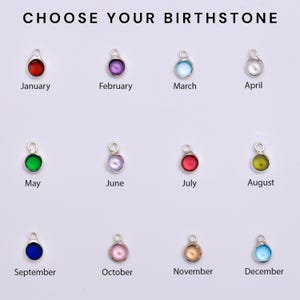 May include: A chart showing the birthstones for each month of the year. The chart features a small, round, colored gemstone for each month. January is garnet, February is amethyst, March is aquamarine, April is diamond, May is emerald, June is pearl, July is ruby, August is peridot, September is sapphire, October is opal, November is topaz, and December is turquoise.