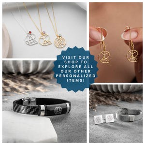 May include: A collection of personalized jewelry featuring a geometric design. The jewelry includes necklaces, earrings, bracelets, and cufflinks. The jewelry is made of gold and silver and features a variety of gemstones. Visit our shop to explore all our other personalized items!