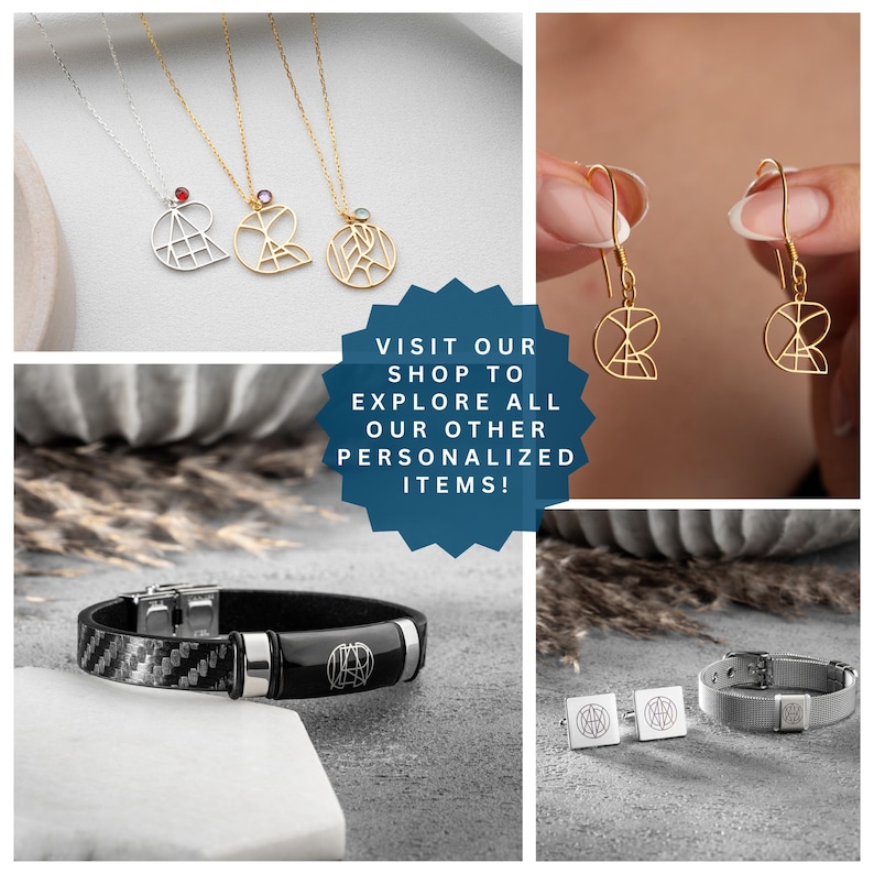 May include: A collection of personalized jewelry featuring a geometric design. The jewelry includes necklaces, earrings, bracelets, and cufflinks. The jewelry is made of gold and silver and features a variety of gemstones. Visit our shop to explore all our other personalized items!