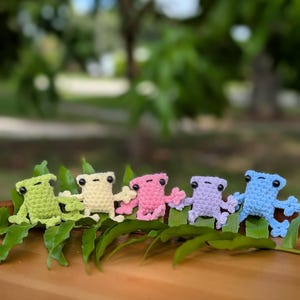 Peut inclure: Cinq petites grenouilles crochetées alignées, chacune dotée d'yeux en perles noires et d'une bouche cousue simple. Les grenouilles sont de couleur vert clair, jaune pâle, rose tendre, violet clair et bleu ciel, posées sur des feuilles de fougère.