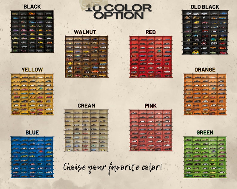 May include: A display of 10 different color options for a wall-mounted hot wheels car display shelf. The colors are black, walnut, red, cream, pink, old black, orange, yellow, blue, and green.