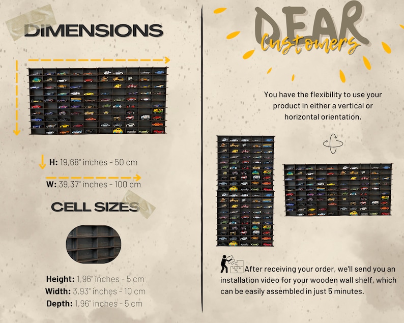 May include: A black wooden wall shelf for displaying toy cars. The shelf has 100 individual compartments, each measuring 1.96 inches deep, 3.93 inches wide, and 1.96 inches high. The overall dimensions of the shelf are 39.37 inches wide and 19.68 inches high. The shelf can be mounted vertically or horizontally.