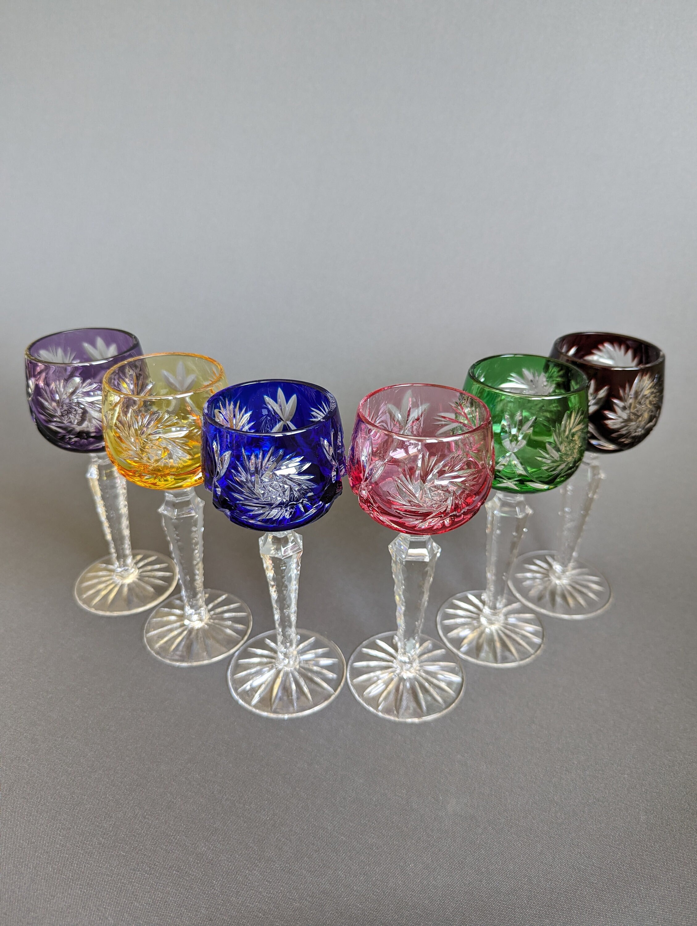 Six Vintage Bohemian Crystal Multi Coloured Liqueur/sherry