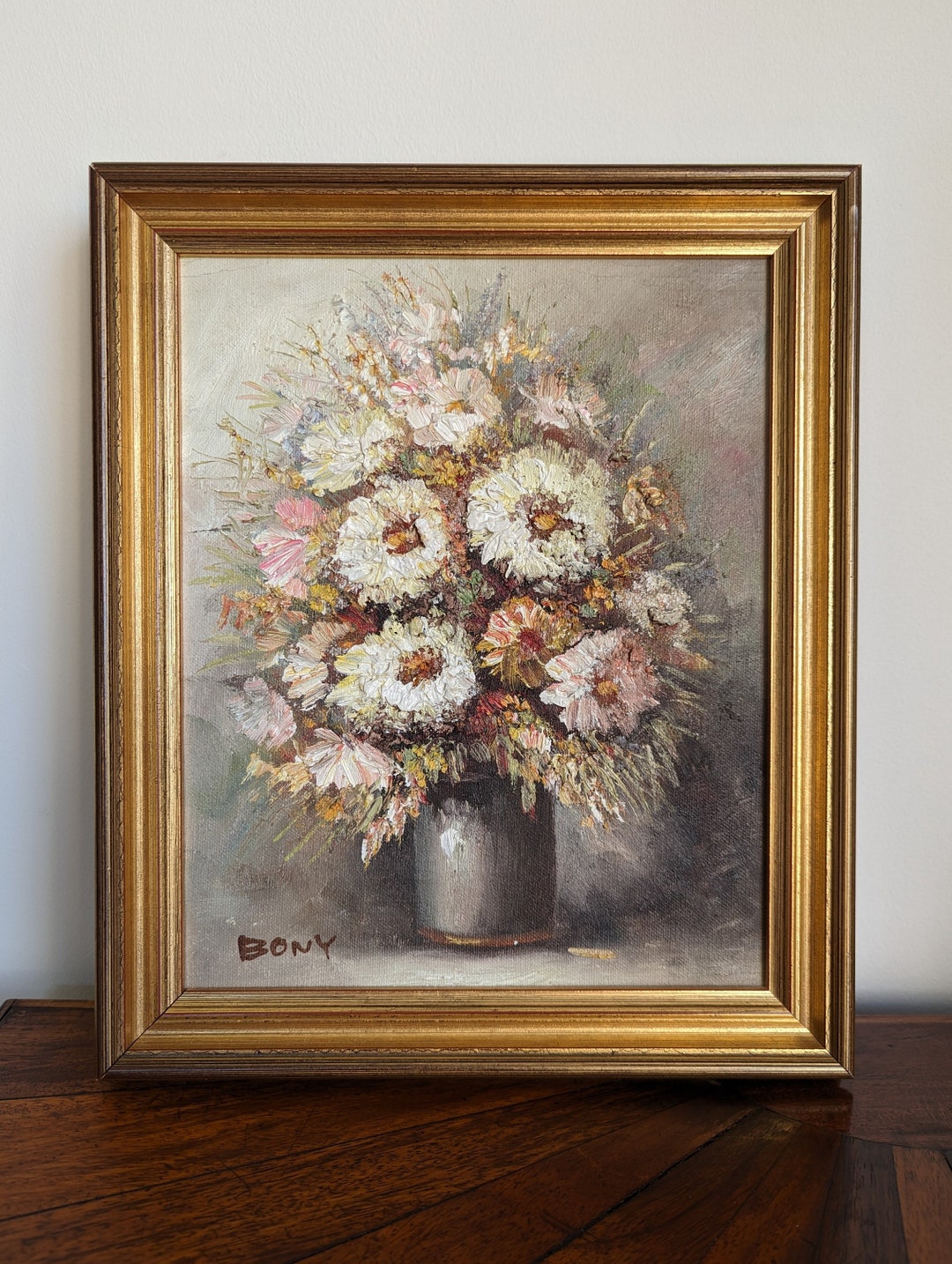 Vintage Original Oil on Canvas Still Life Painting by Bony, Floral ...