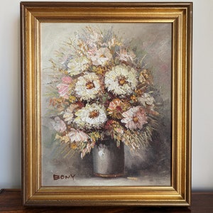 Vintage original Öl auf Leinwand Stillleben Gemälde von Bony, Floral Original signiert Ölgemälde.