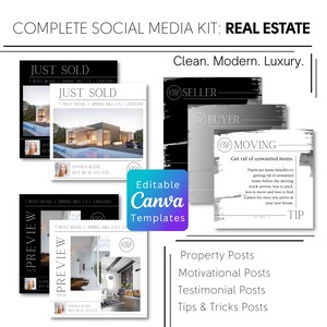 Social Media Kit: Immobilien.  Sauber. Modernen. Luxus. Property Posts, Testimonials, Tipps, Motivationsposten. Bearbeitbare Canva Vorlagen.