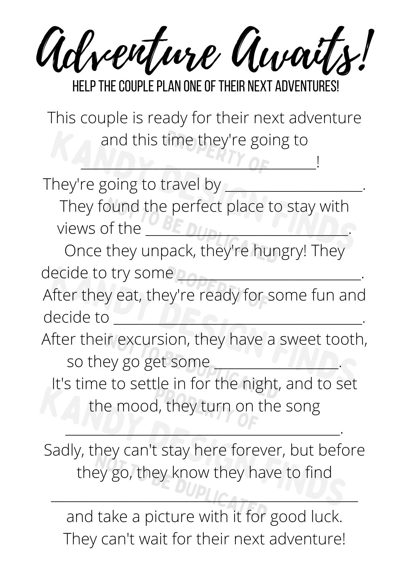 Adventure Awaits Wedding Shower Game