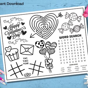 May include: Black and white Valentine's Day activity sheet with a heart maze, word search, tic-tac-toe, and various Valentine's Day themed illustrations. Includes the text "Happy Valentine's Day" and "Instant Download".