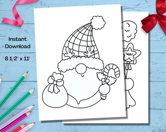 May include: Two black and white line art drawings of a Christmas gnome holding a gift bag and candy cane. The text "Instant Download" and "8 1/2 x 11" are printed on the left side of the image. The drawings are on white paper.
