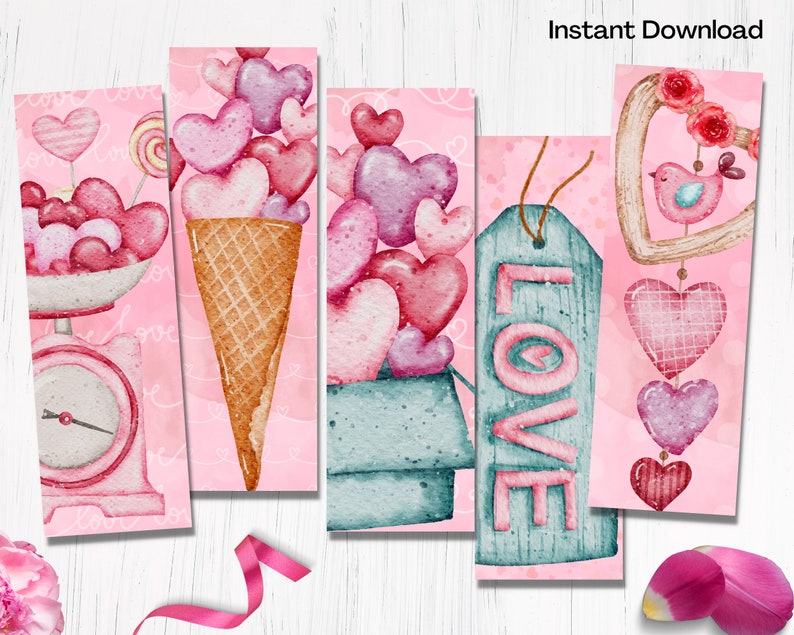 Valentine's Day Bookmarks Printable Bookmarks in Pink Watercolor Gifts