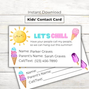 Tarjeta de contacto editable para la cita de juegos para niños / Invitación de fin de curso para mantenerse en contacto con los amigos del colegio / Descarga PDF