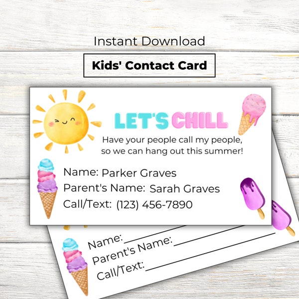 Bewerkbare speeldatum Contact visitekaartje voor kinderen | Zomer, eindejaarsspeelafspraak Nodig uit om contact te houden met schoolvrienden | PDF-download