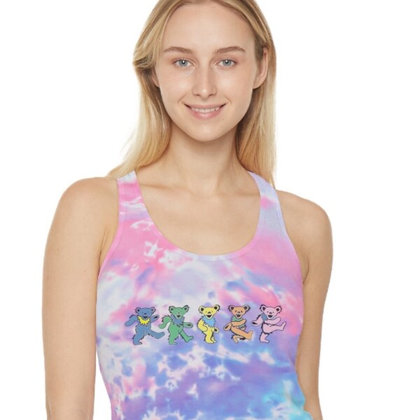 Grateful Dead Dancing Bears Tie Dye Racer Back Tank Top, Fan Art, Deadhead, Color Options Lagoon, Cotton Candy, And Desert Rose