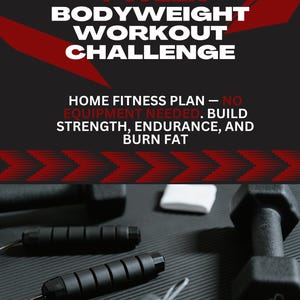 Puede incluir: Imagen promocionando un desafío de entrenamiento con peso corporal de 4 semanas. La imagen presenta una cuerda para saltar, una pesa de 4,5 kg y una toalla blanca. El texto dice: "PLAN DE FITNESS EN CASA - NO SE NECESITA EQUIPO. CONSTRUYE FUERZA, RESISTENCIA Y QUEMA GRASA."
