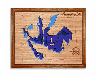Lobdell Lake in Michigan 3D topographical map. Lake house decor.