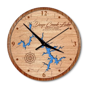 Deep Creek Lake, Maryland 14in Layered Map Clock - Any Lake, Pond, or Reservoir - Unique Home Decor