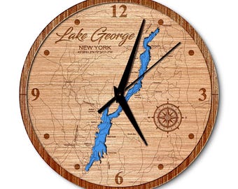 Lake George, New York 14in Layered Map Clock - Any Lake, Pond, or Reservoir - Unique Home Decor