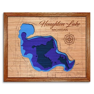 Houghton Lake, Michigan Depth Map - Any Lake, Pond, or Reservoir, Home Decor, Wall Art, Wall Decor