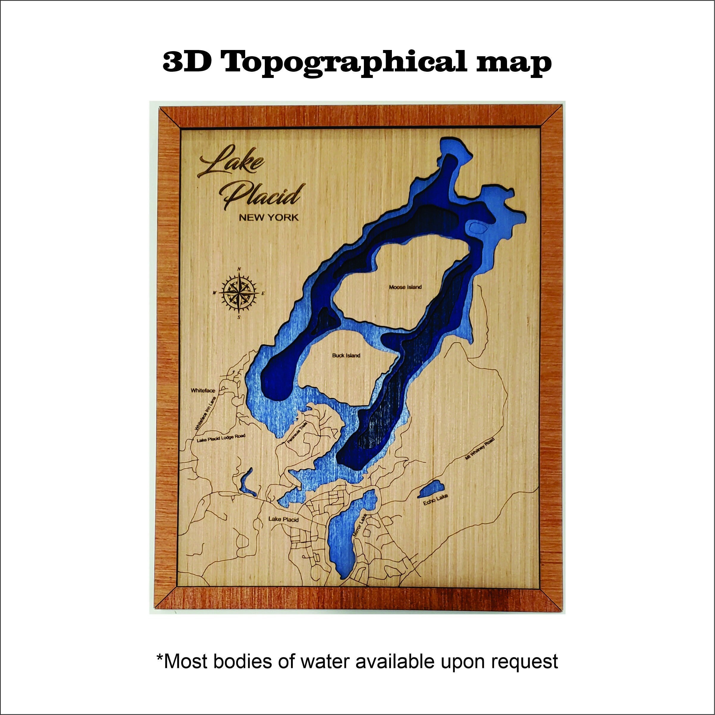 Lake Placid 3D Topographical Map. Lake House Decor. Custom Lake Map