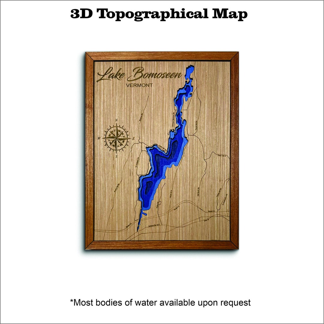 Lake Bomoseen 3D Topographical Map. Custom Lake House Map. Wall Decor