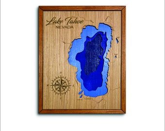 Lake Tahoe 3D topographical map. lake house decor. custom lake map, wall art and wall decor.  lake depth map