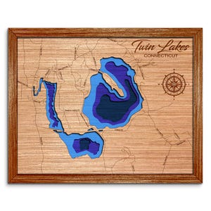 Twin Lakes, Connecticut Depth Map - Any Lake, Pond, or Reservoir, Home Decor, Wall Art. Wall Decor