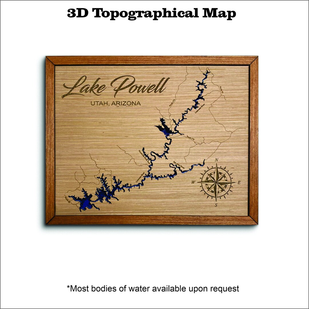 Lake Powell 3D Topographical Map. Lake House Decor. Custom Lake Map