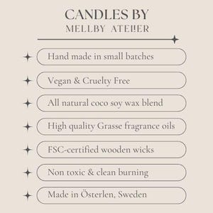 May include: A beige informational graphic titled CANDLES BY MELLBY ATELIER. It lists product features in seven rounded rectangular boxes: Hand made in small batches, Vegan & Cruelty Free, All natural coco soy wax blend, High quality Grasse fragrance oils, FSC-certified wooden wicks, Non toxic & clean burning, and Made in &Ouml;sterlen, Sweden.