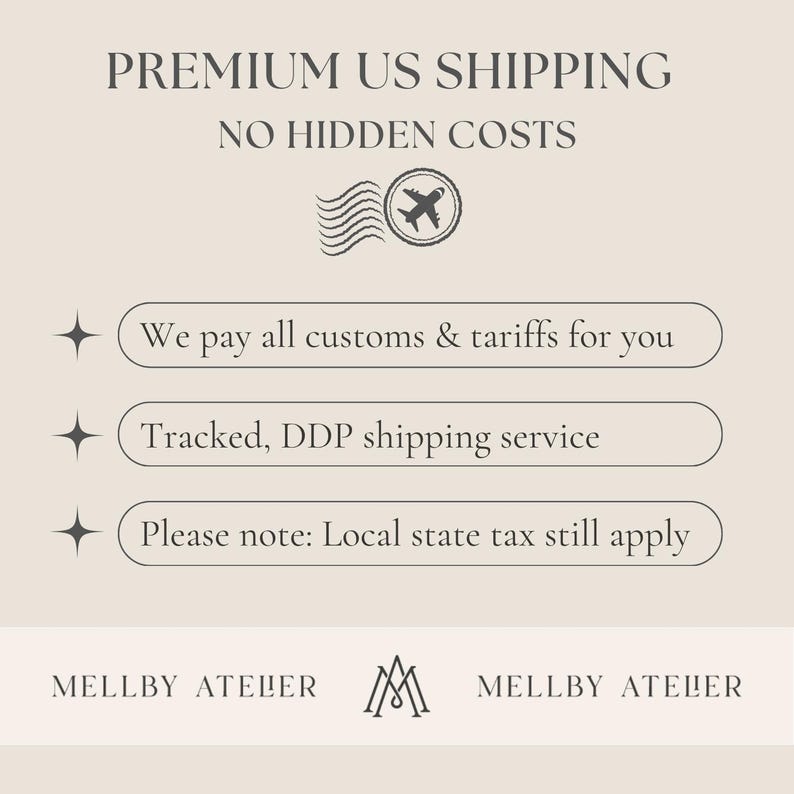 May include: A beige informational graphic with dark text reading PREMIUM US SHIPPING NO HIDDEN COSTS, an airplane icon, and three bullet points: We pay all customs & tariffs for you, Tracked, DDP shipping service, and Please note: Local state tax still apply.