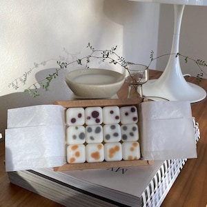 Op de afbeelding: Een kartonnen doos met twaalf vierkante wax melts in een raster. Elke witte wax melt heeft unieke, kleine, onregelmatige vlekken in donkerbruin, grijs en lichtoranje, gepresenteerd met wit vloeipapier als voering in de doos.