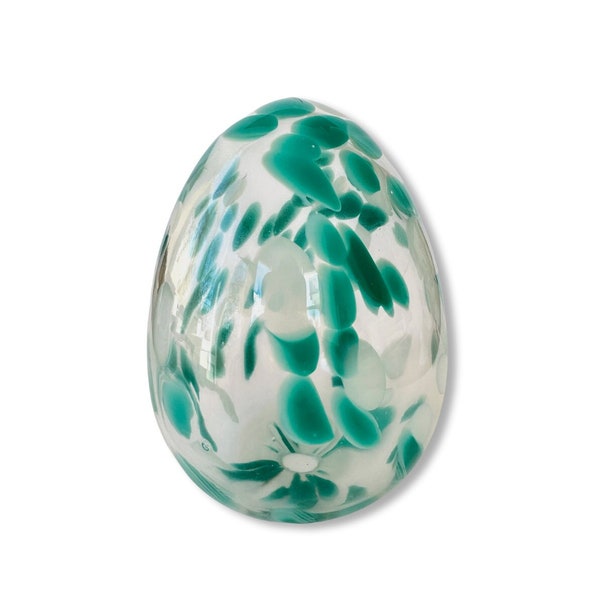 Large Clear Art Glass Egg with Flat Base and Teal and White Spots, Tabletop Spring Decor, Glass Easter Egg Ornament, Abstract Modern Gift