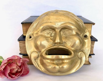 Dimensional Brass Wall Mask, Theater Mask Accent, Face Mask Door Sculpture, Eclectic Gallery Wall Art, Northerly Wind Face, Halloween Decor