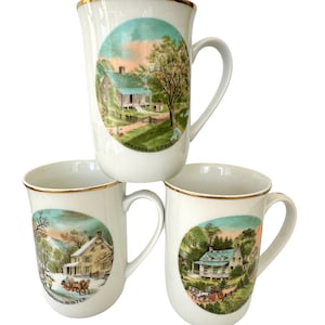 Vintage Currier and Ives Spring, Summer, and Winter Collectable Mugs, Made in Japan, Seasonal Homestead Farmhouse Scenes, Coffee Lover Gift